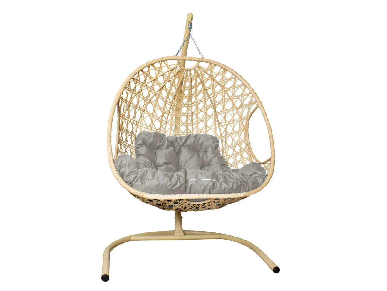 Подвесное кресло ДЛЯ ДВОИХ ЛЮКС с ротангом бежевое, серая подушка арт. 11510509