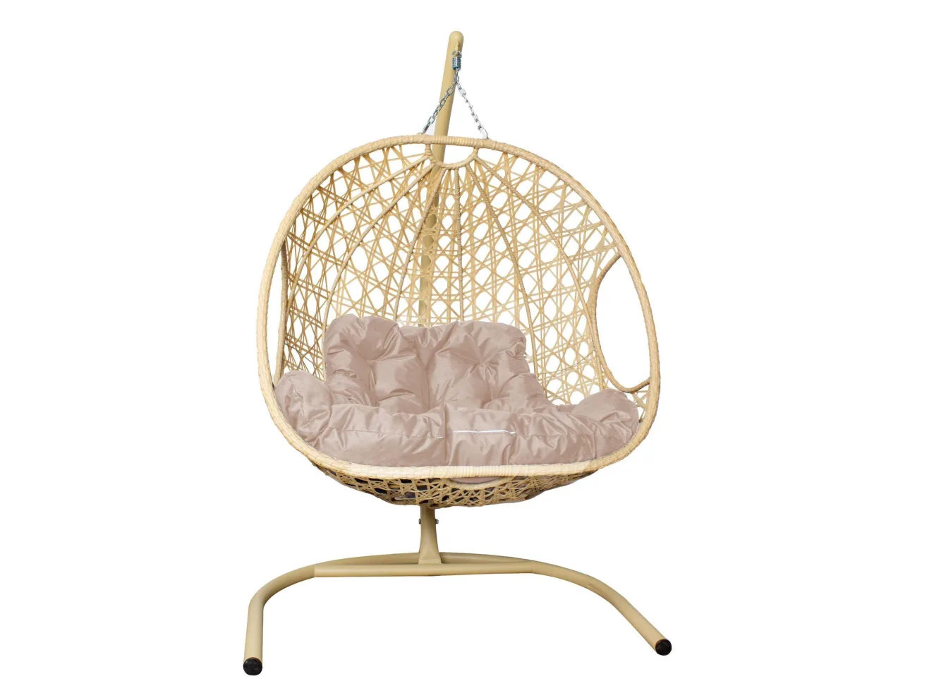 Подвесное кресло ДЛЯ ДВОИХ ЛЮКС с ротангом бежевое, бежевая подушка арт. 11510501