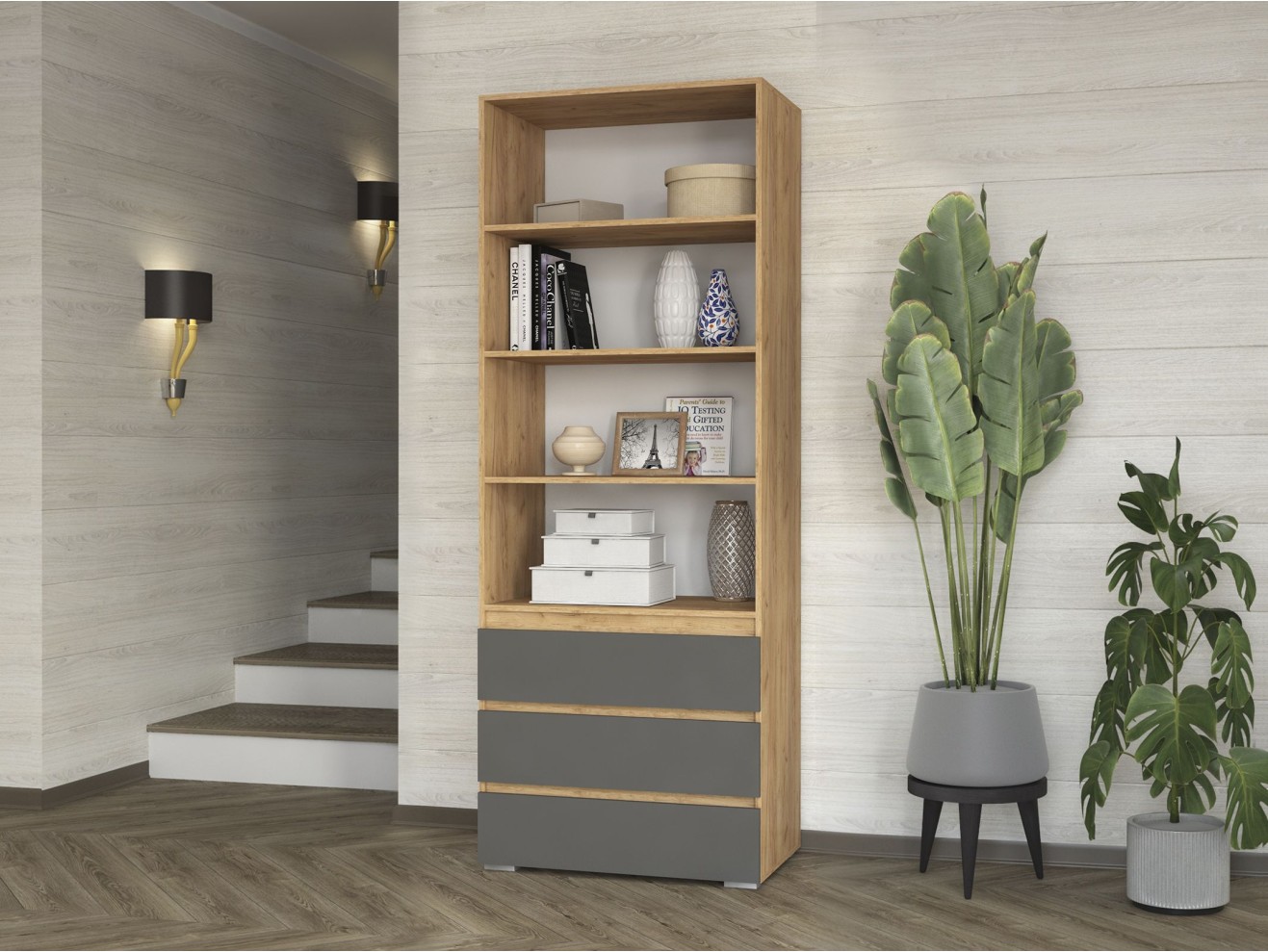 Шкаф открытый Верона 2.3 стеллаж, для хранения вещей, с полками и ящиками, дуб крафт золотой/графит
