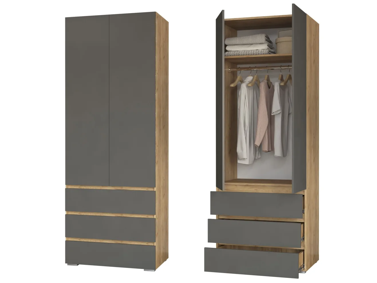 Шкаф для одежды распашной с ящиками Верона 2.3 штанга, в спальню, детскую, двухстворчатый, дуб крафт золотой/графит арт. 3310954