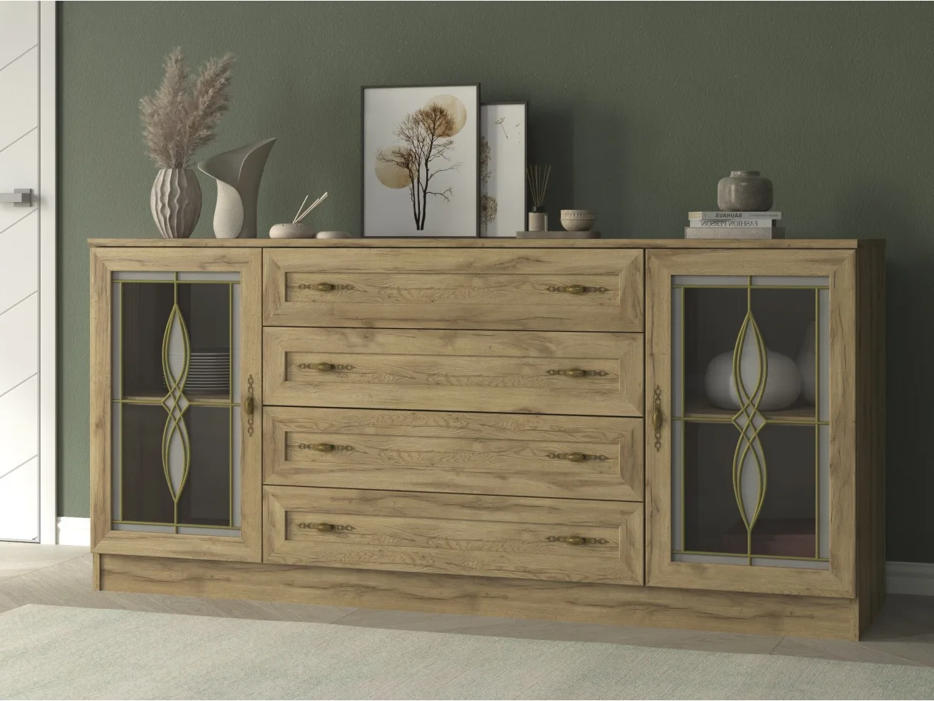 Комод Квартет 34СтВ, ЛДСП, рамка МДФ, вставка стекло витраж, дуб вотан арт. 338147