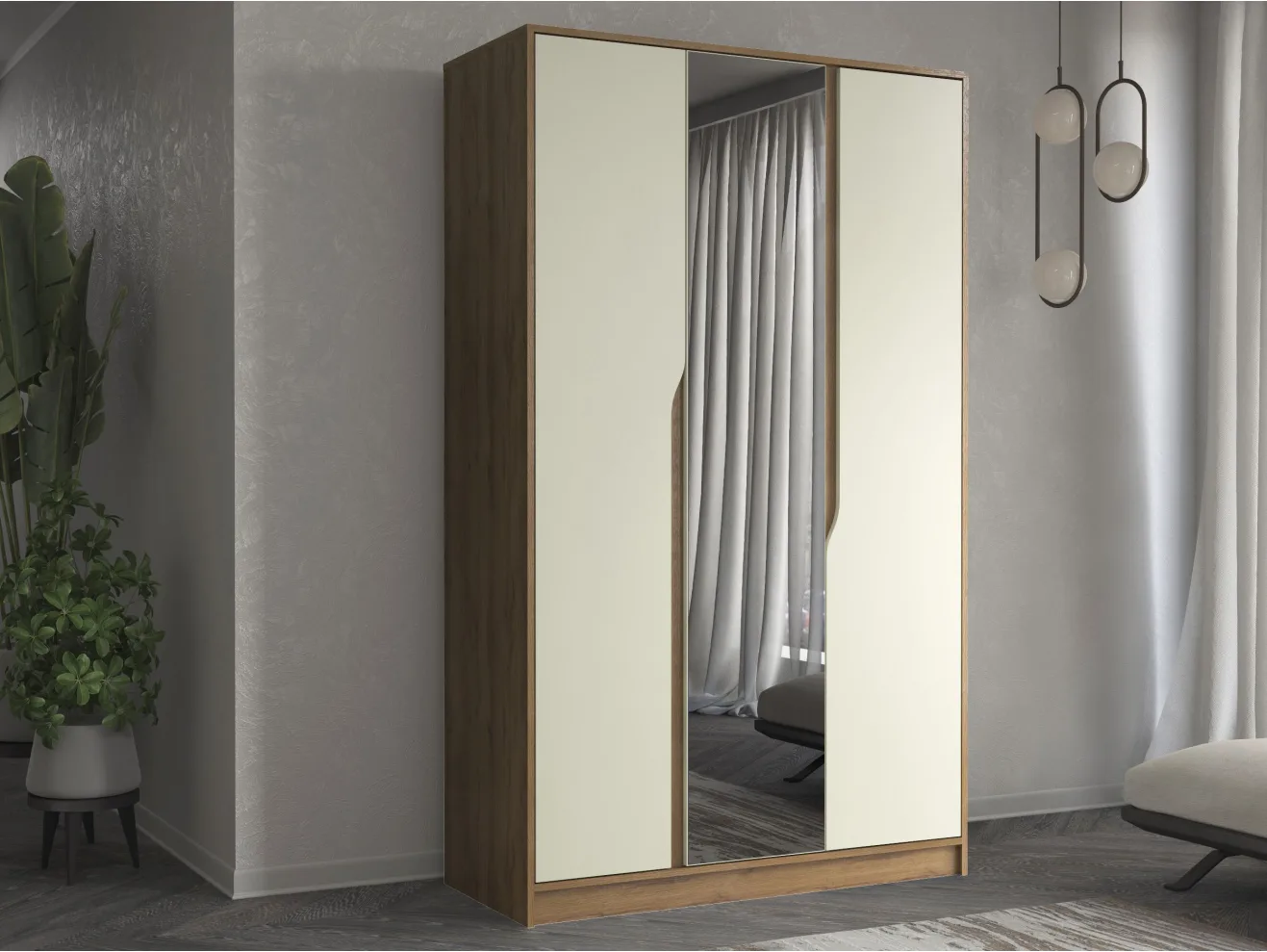 Шкаф трехстворчатый Марвел-3 с зеркалом, компоновка 6, дуб табачный/SF (СФ)-023 Палома арт. 339107