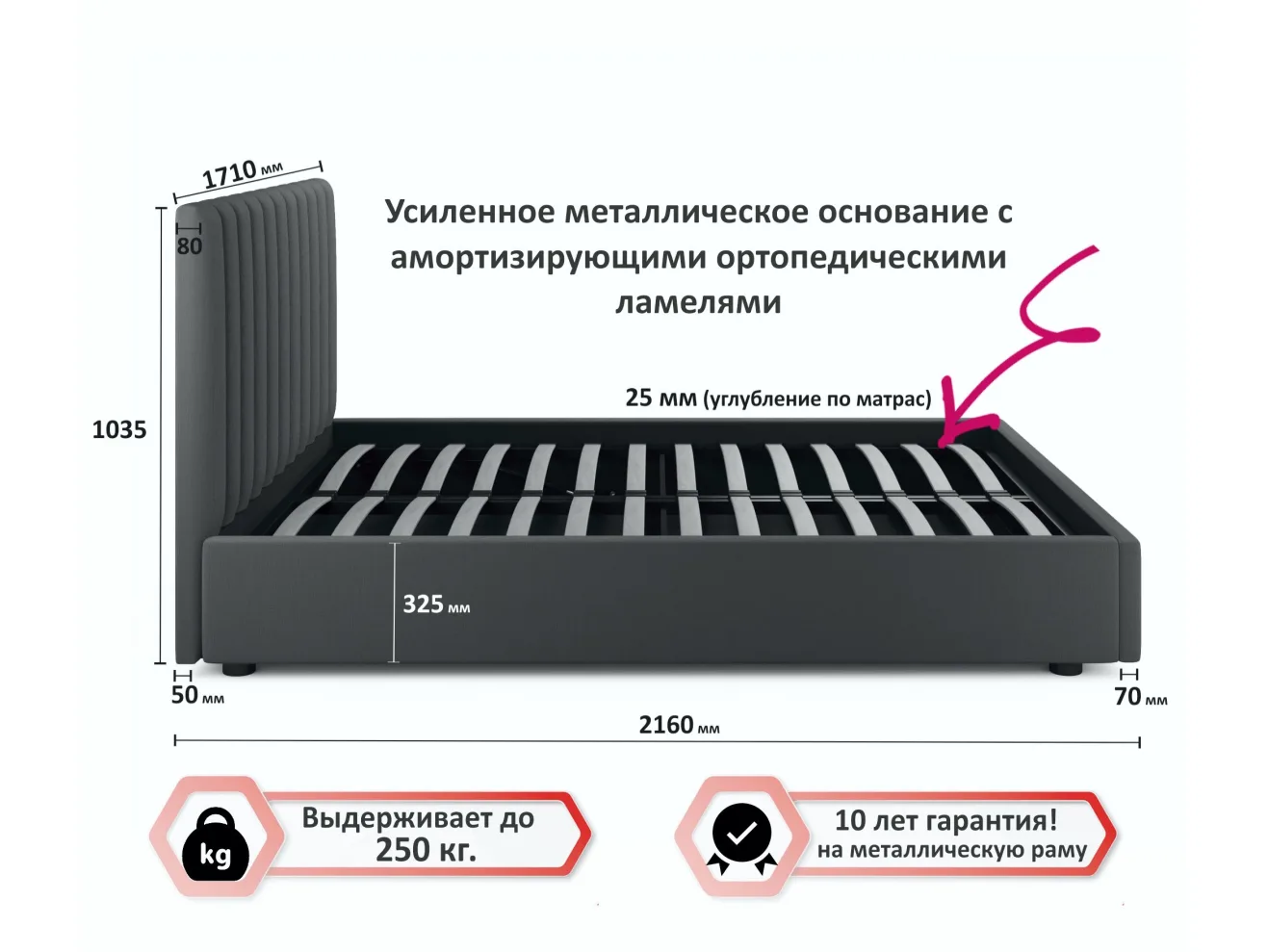 Мягкая кровать Olivia 1600 серая с ортопедическим основанием арт. Тэ-00003862
