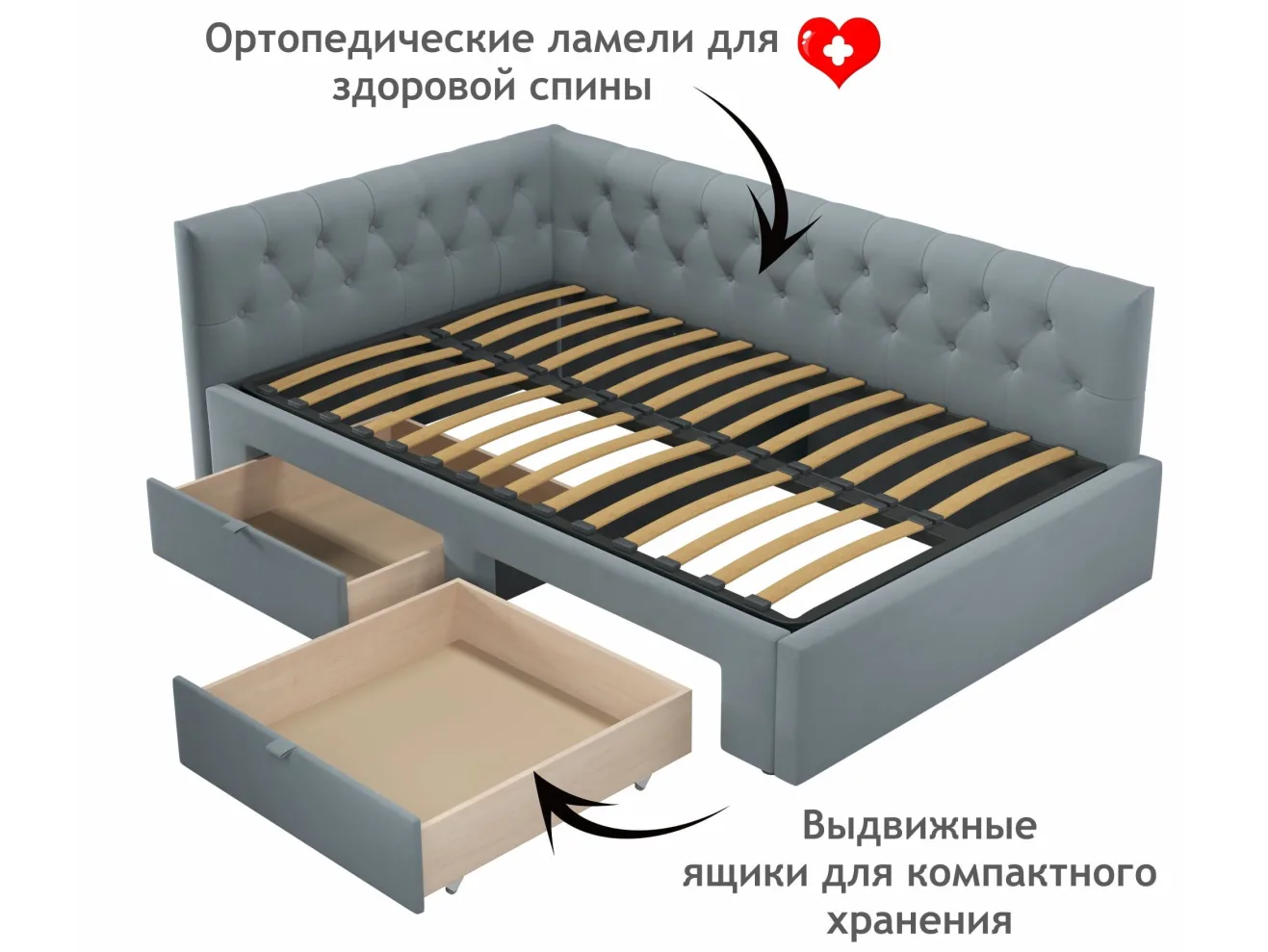 Мягкая кровать-тахта Afelia 1200 серая с ящиками арт. Тэ-00005586