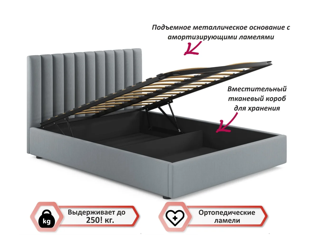 Мягкая кровать с тумбами Olivia 1600 серая с подъемным механизмом арт. Тэ-00004254
