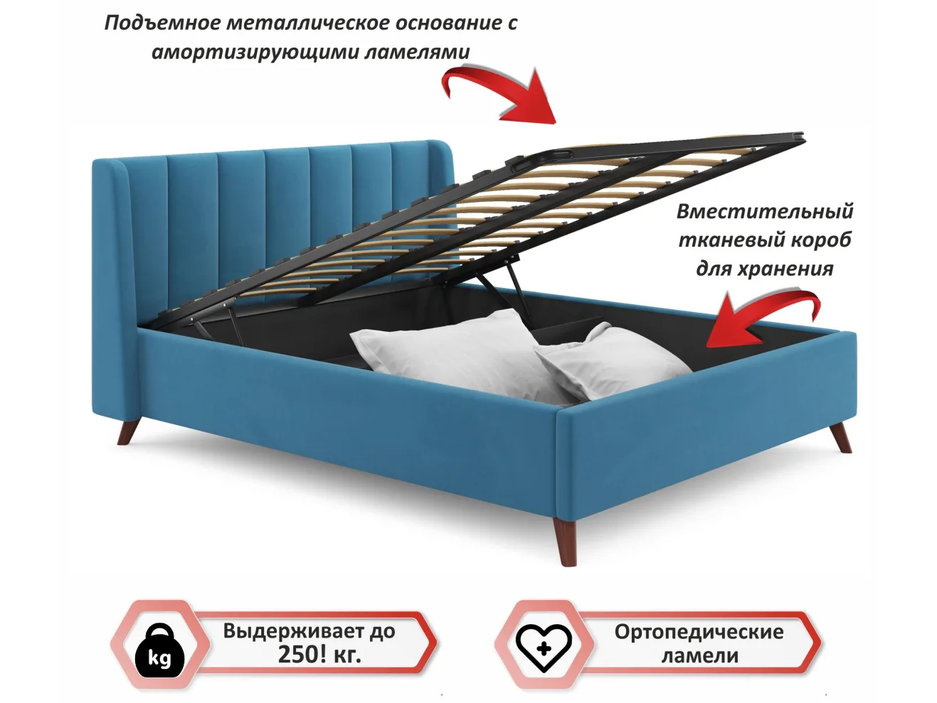 Мягкая кровать Betsi 1600 синяя с подъемным механизмом и матрасом ГОСТ арт. Тэ-00002983