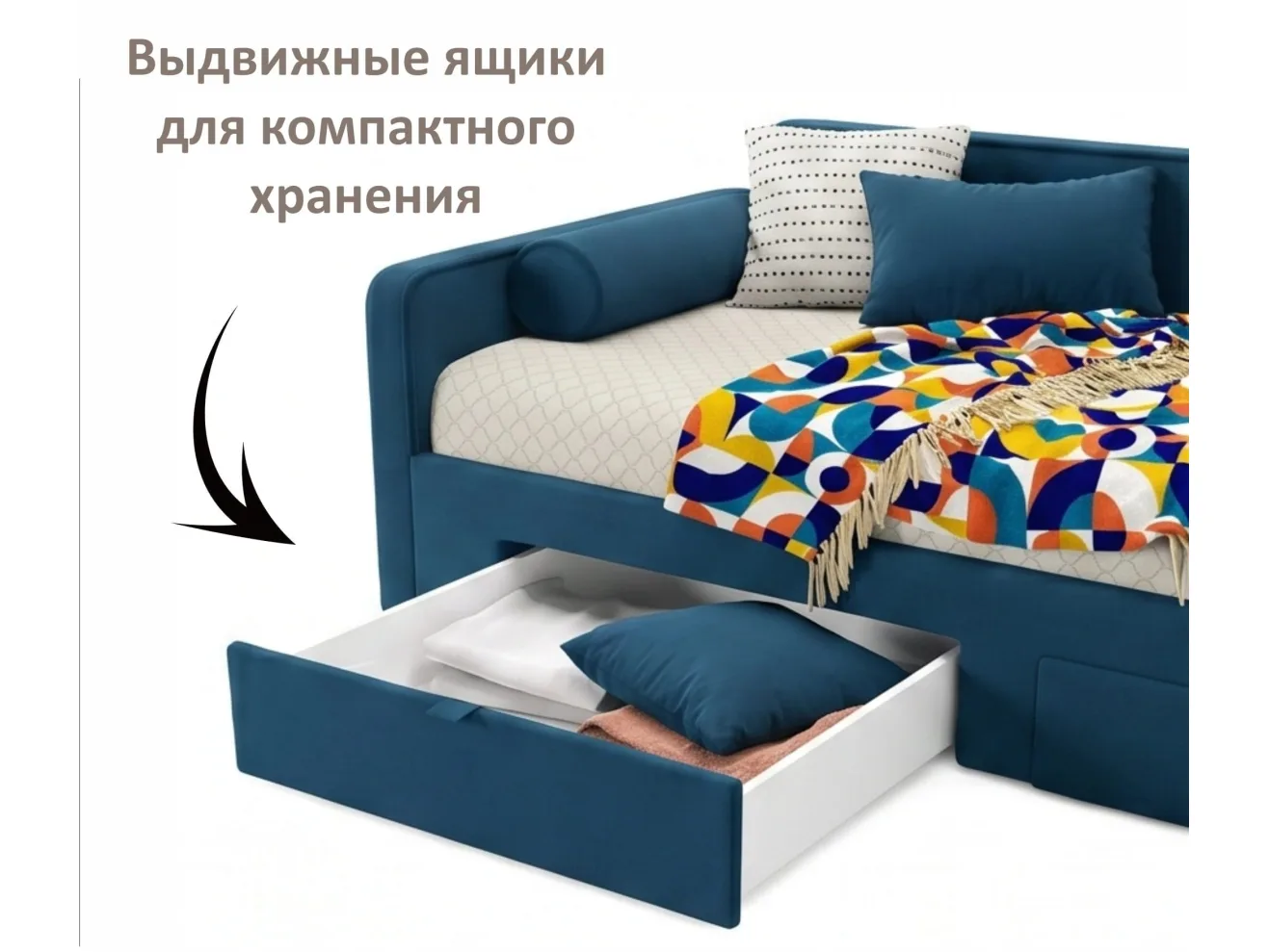 Мягкая кровать Эмили 900 c ящиками синяя арт. Тэ-00007139