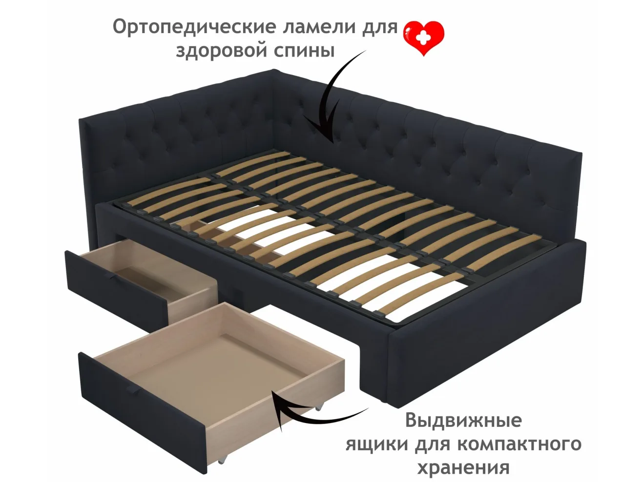 Мягкая кровать-тахта Afelia 1200 черная с ящиками арт. Тэ-00005588