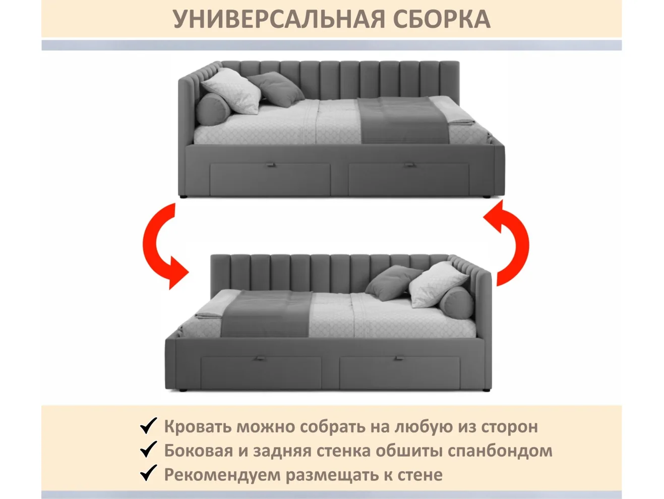 Мягкая кровать-тахта Milena 900 серая с ящиками арт. Тэ-00005919