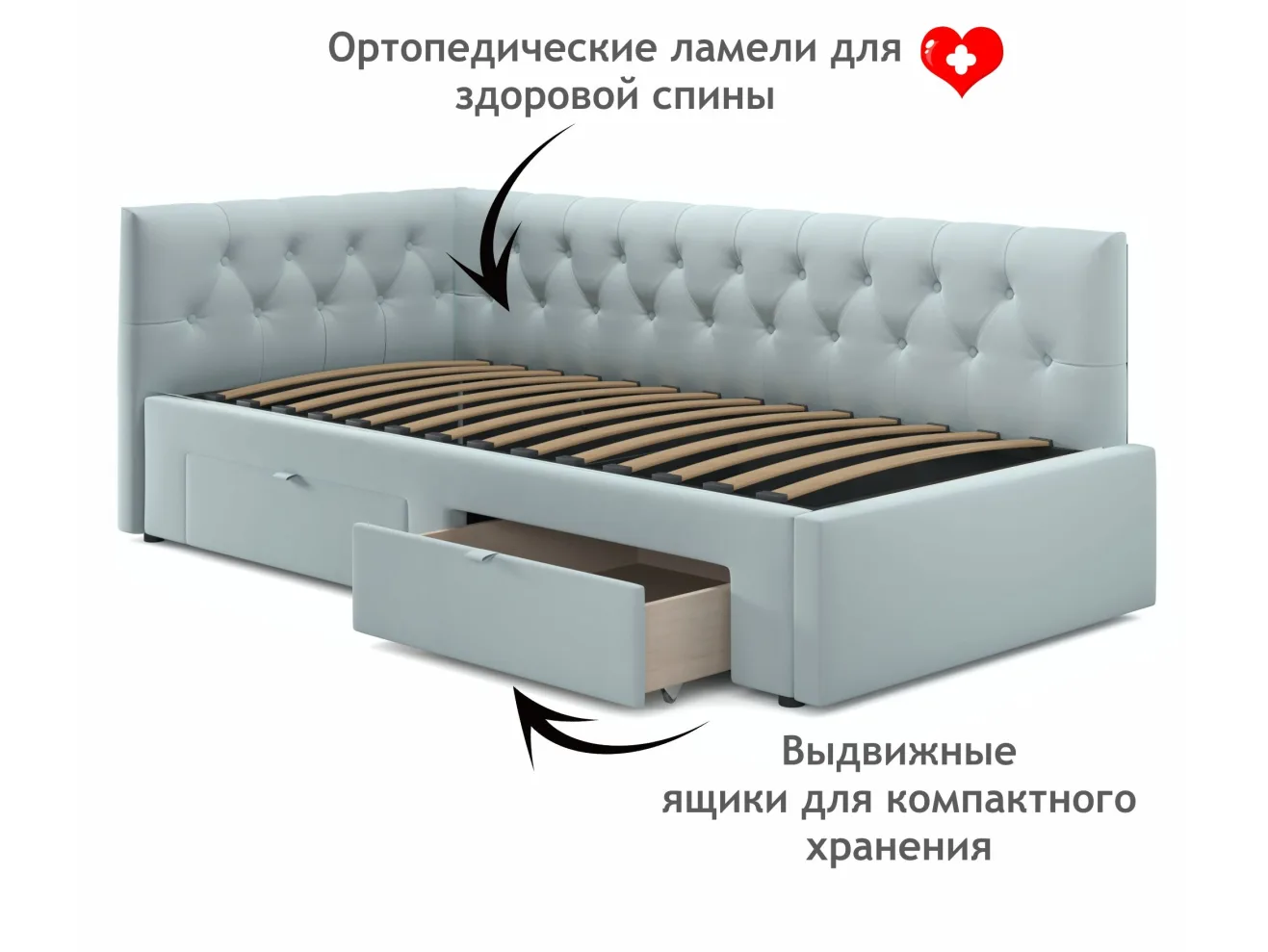 Односпальная кровать-тахта Afelia с ящиками 900 мята пастель с ортопедическим основанием арт. Тэ-00005366
