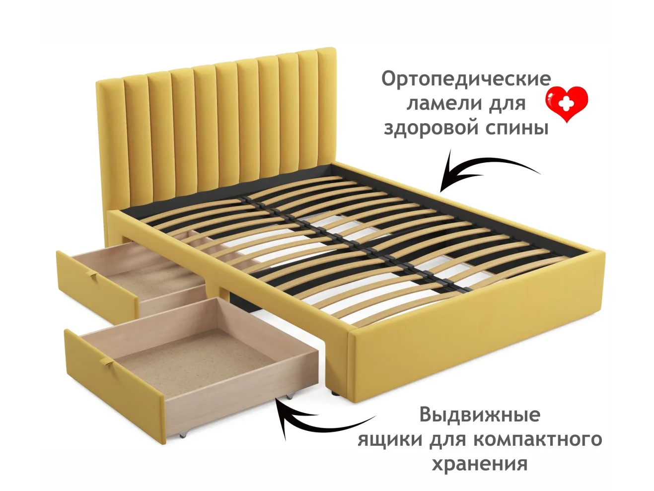 Мягкая кровать Olivia 1600 желтая с ящиками арт. Тэ-00005445