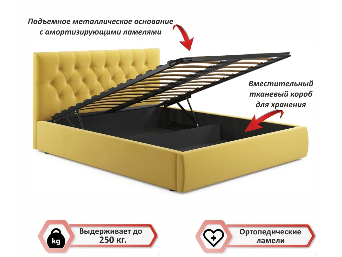 Мягкая кровать с тумбами Verona 1600 желтая с подъемным механизмом арт. Тэ-00004474