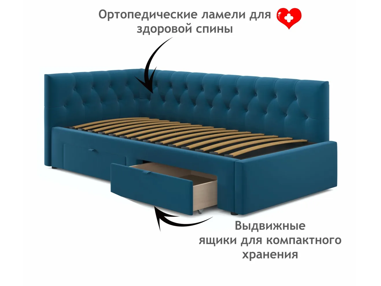 Односпальная кровать-тахта Afelia с ящиками 900 синяя с ортопедическим основанием арт. Тэ-00005360
