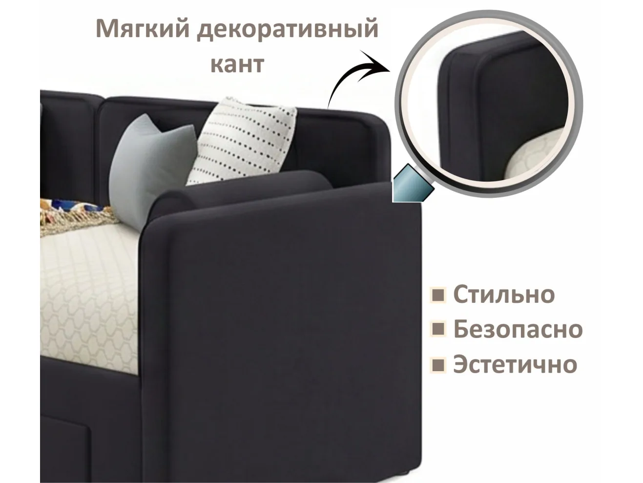 Мягкая кровать Эмили 900 c ящиками черная арт. Тэ-00007143
