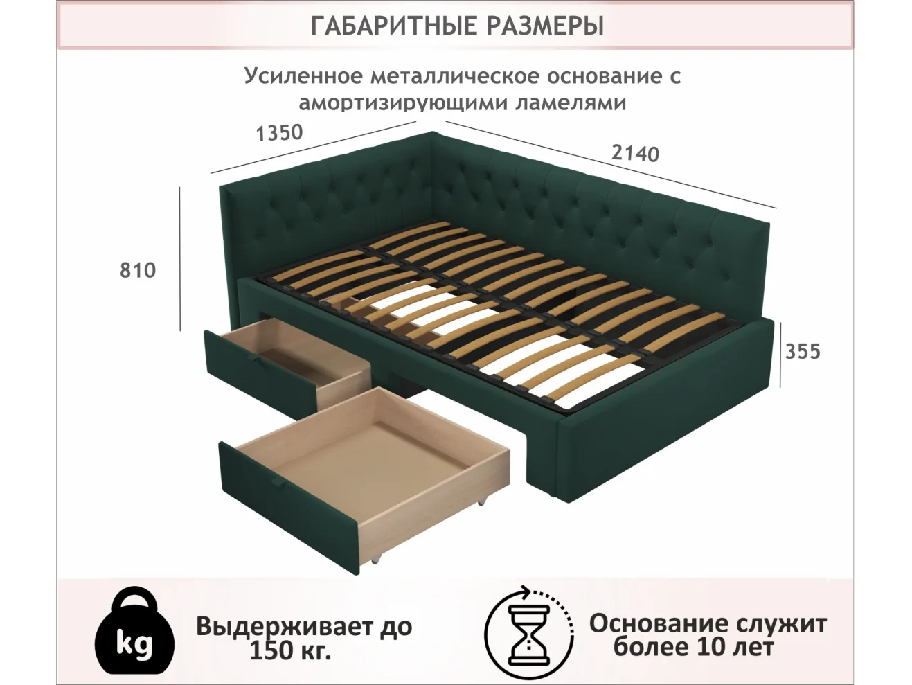 Мягкая кровать-тахта Afelia 1200 изумруд с ящиками арт. Тэ-00005592