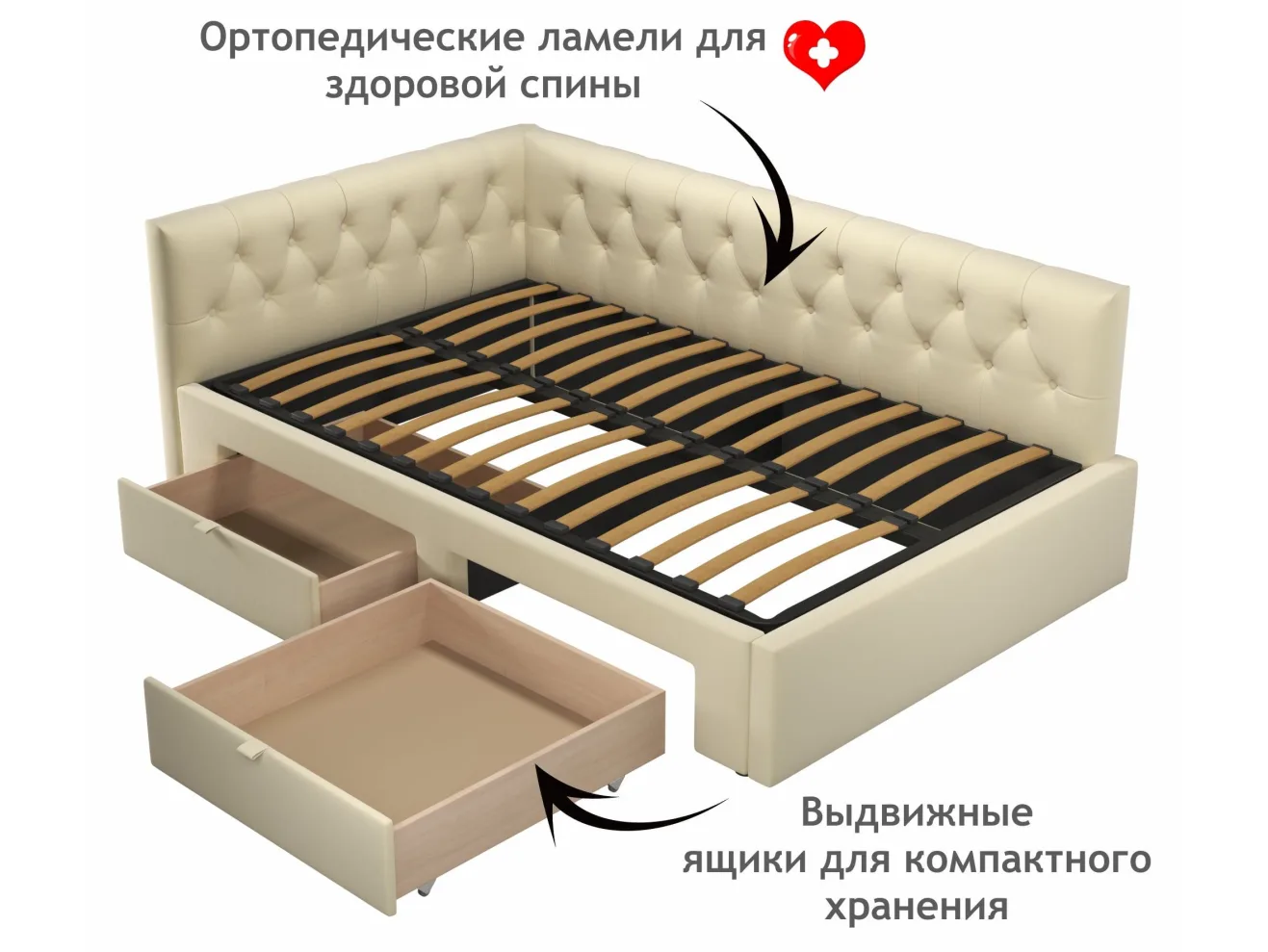 Мягкая кровать-тахта Afelia 1200 бежевая с ящиками арт. Тэ-00005587