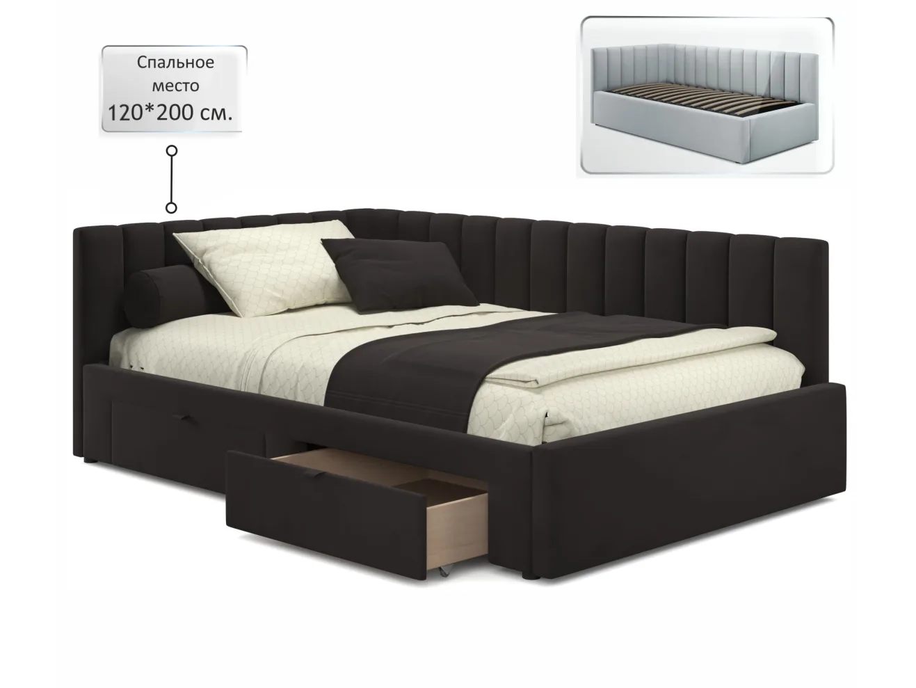 Мягкая кровать-тахта Milena 1200 шоколад с ящиками арт. Тэ-00005458