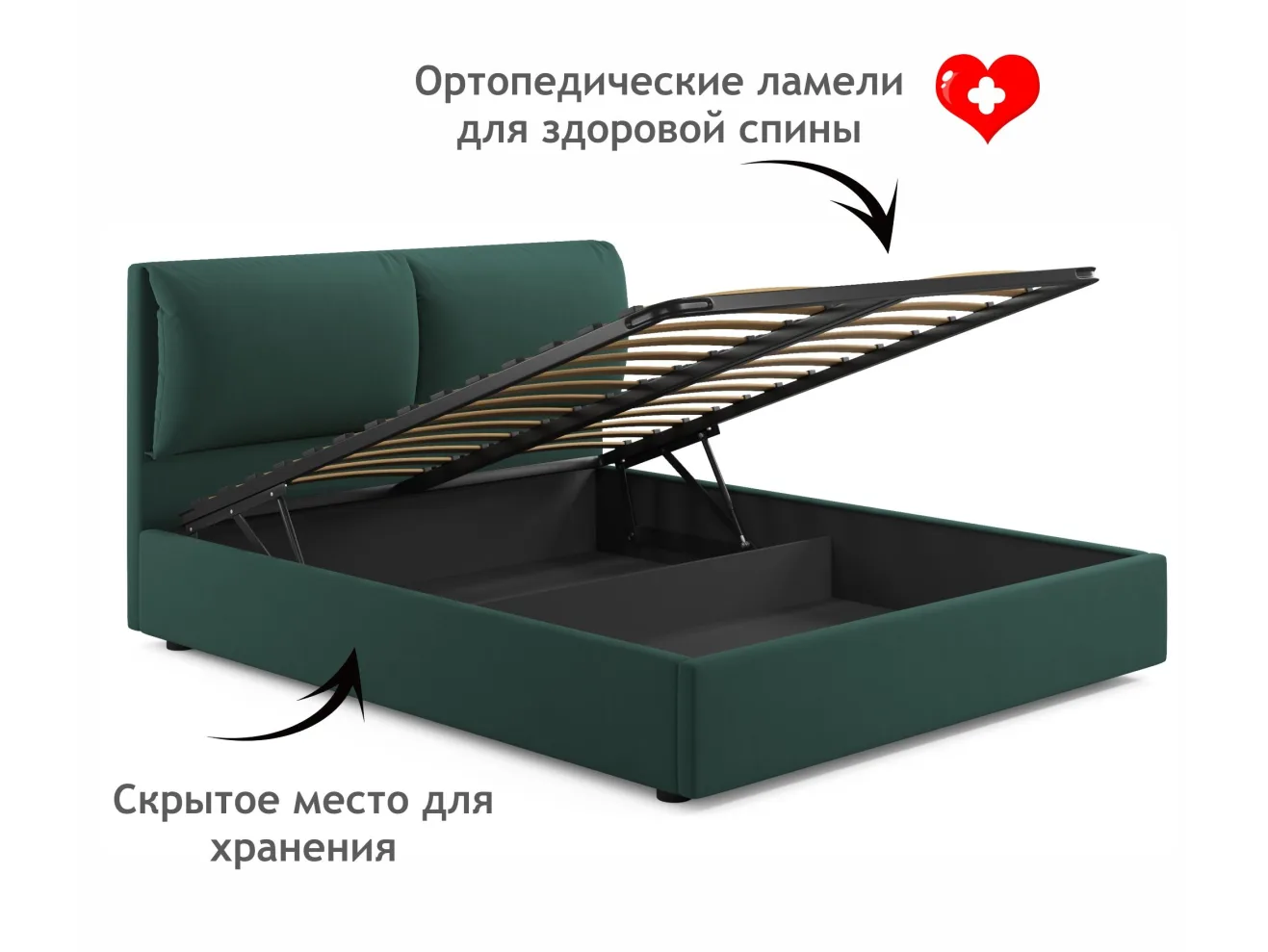 Мягкая кровать Vita 1600 изумруд с подъемным механизмом арт. Тэ-00005499