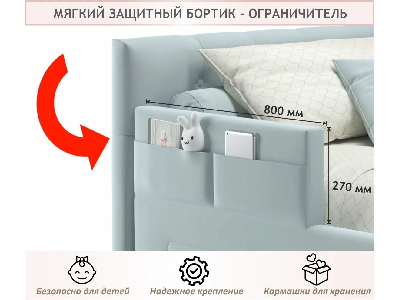 Односпальная кровать-тахта Afelia с ящиками и бортиком 900 мята пастель с ортопедическим основанием арт. Тэ-00005374