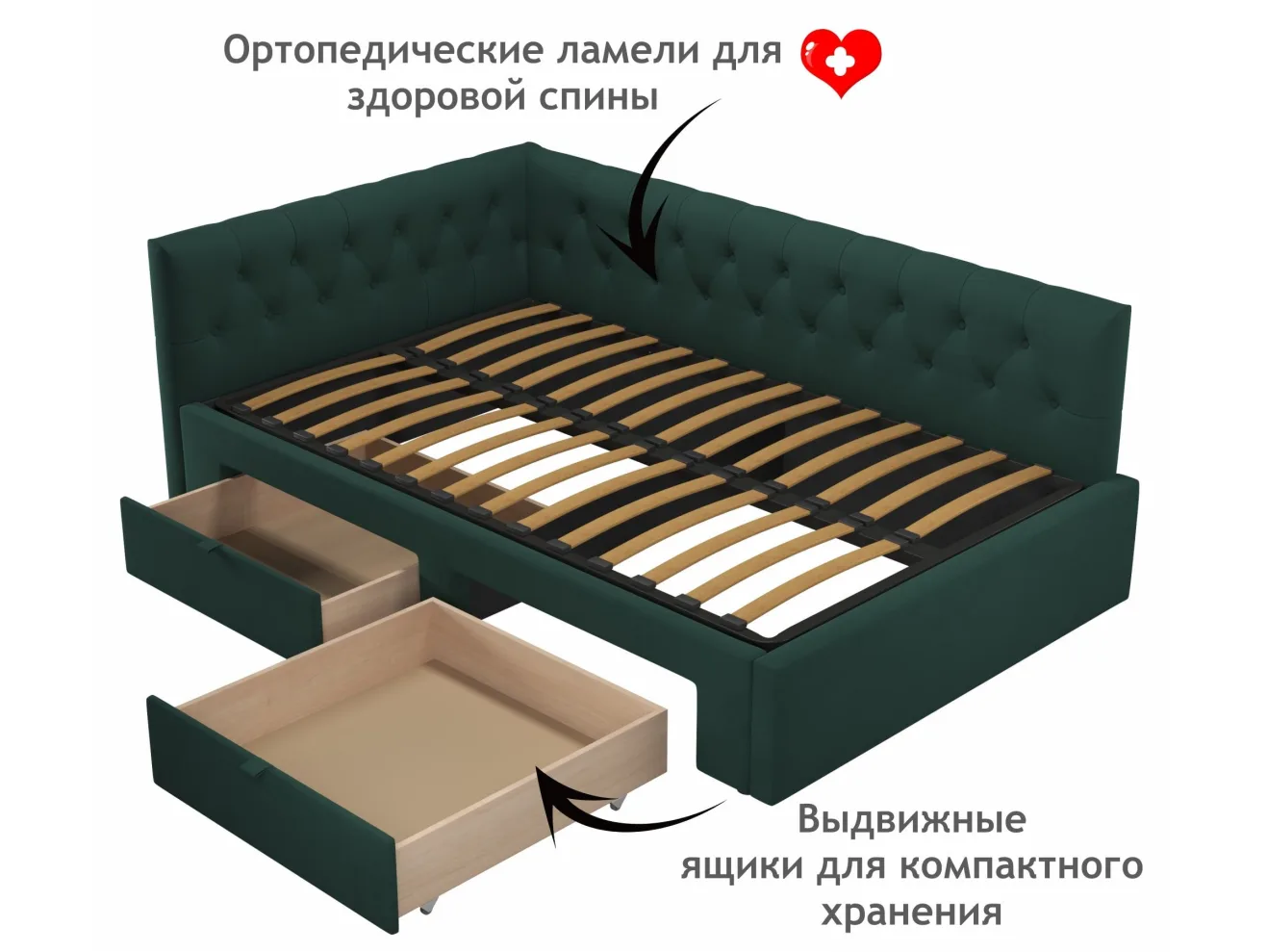 Мягкая кровать-тахта Afelia 1200 изумруд с ящиками арт. Тэ-00005592