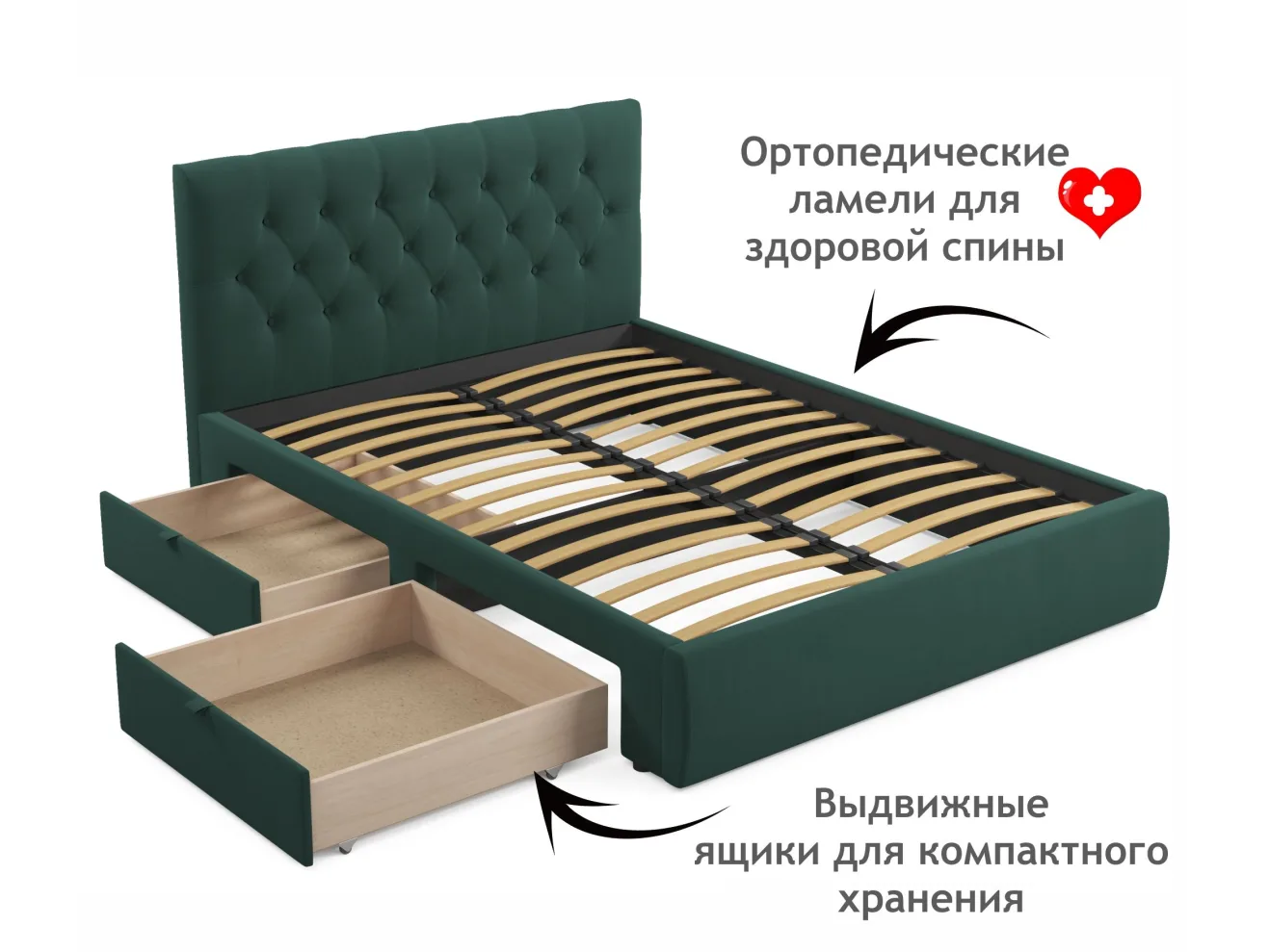 Мягкая кровать Verona 1600 изумруд с ящиками арт. Тэ-00005470