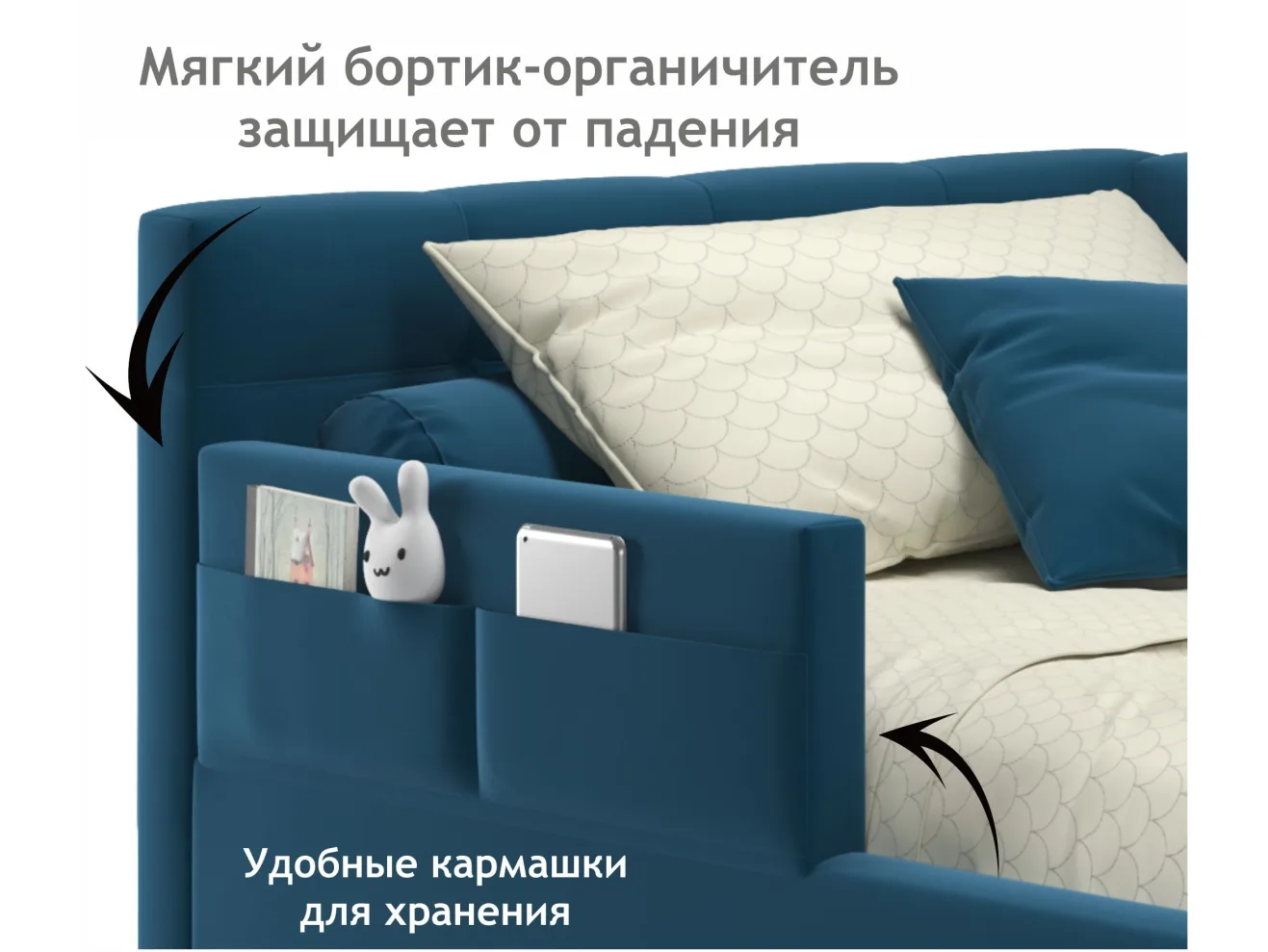 Односпальная кровать-тахта Bonna 900 с защитным бортиком синяя и подъемным механизмом арт. Тэ-00005407