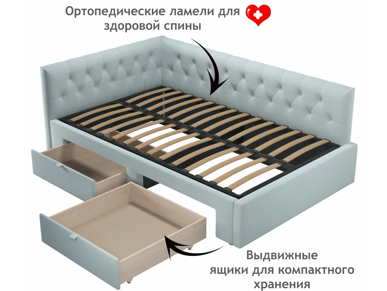 Мягкая кровать-тахта Afelia 1200 мята пастель с ящиками арт. Тэ-00005591
