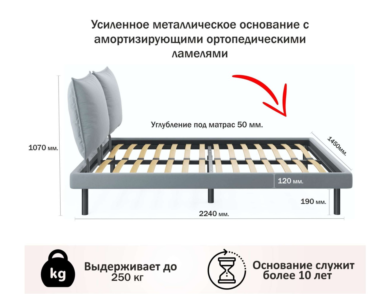 Мягкая кровать Fly 1400 серая с ортопедическим основанием