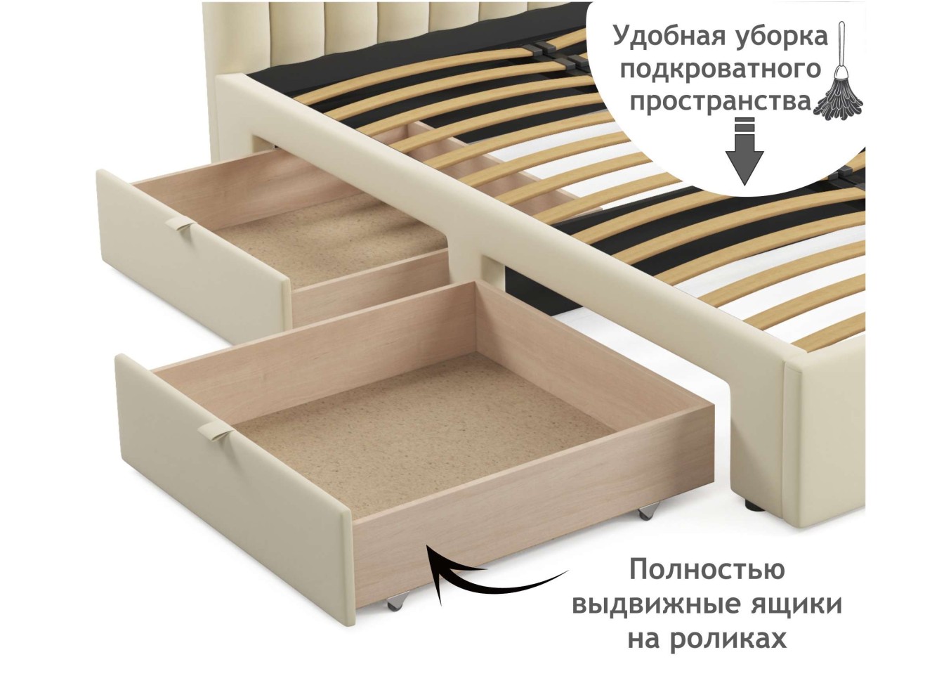 Мягкая кровать Olivia 1600 бежевая с ящиками