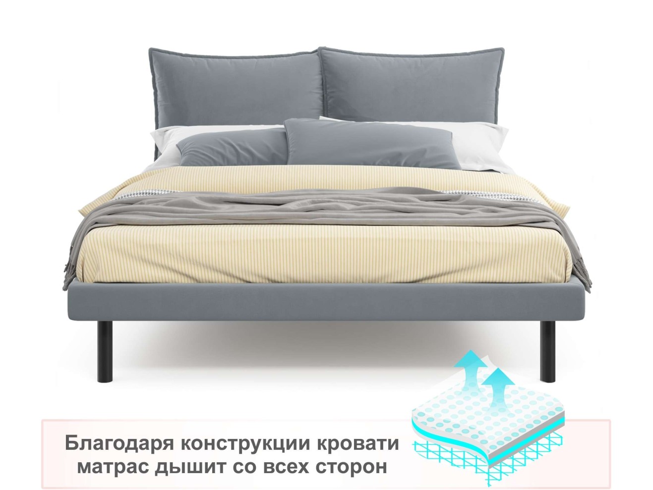 Мягкая кровать Fly 1600 серая с ортопедическим основанием