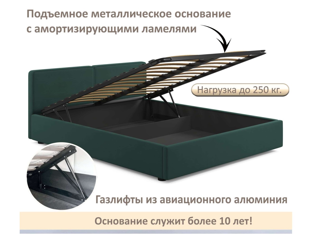 Мягкая кровать Erika 1600 изумруд с подъемным механизмом