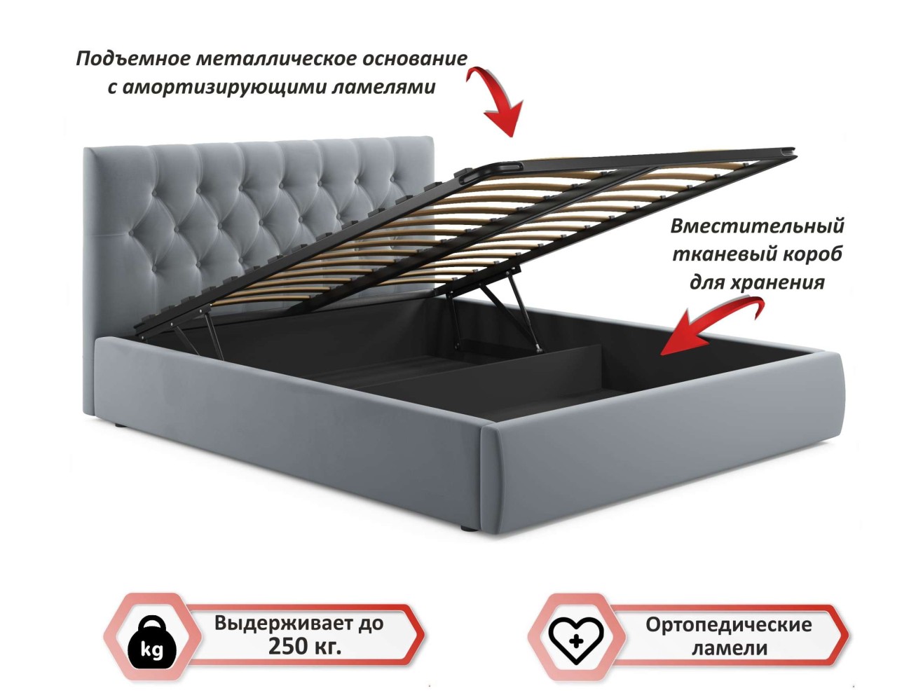 Мягкая кровать Verona 1600 серая с подъемным механизмом