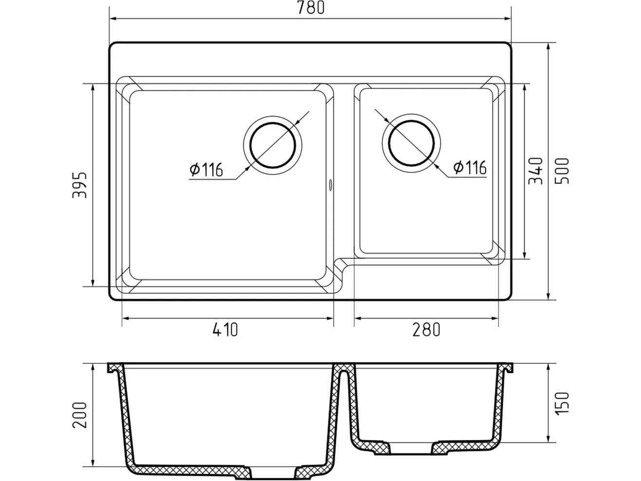 Мойка 780 Level 780K 2 чаш 780*500 иней арт. 1265909