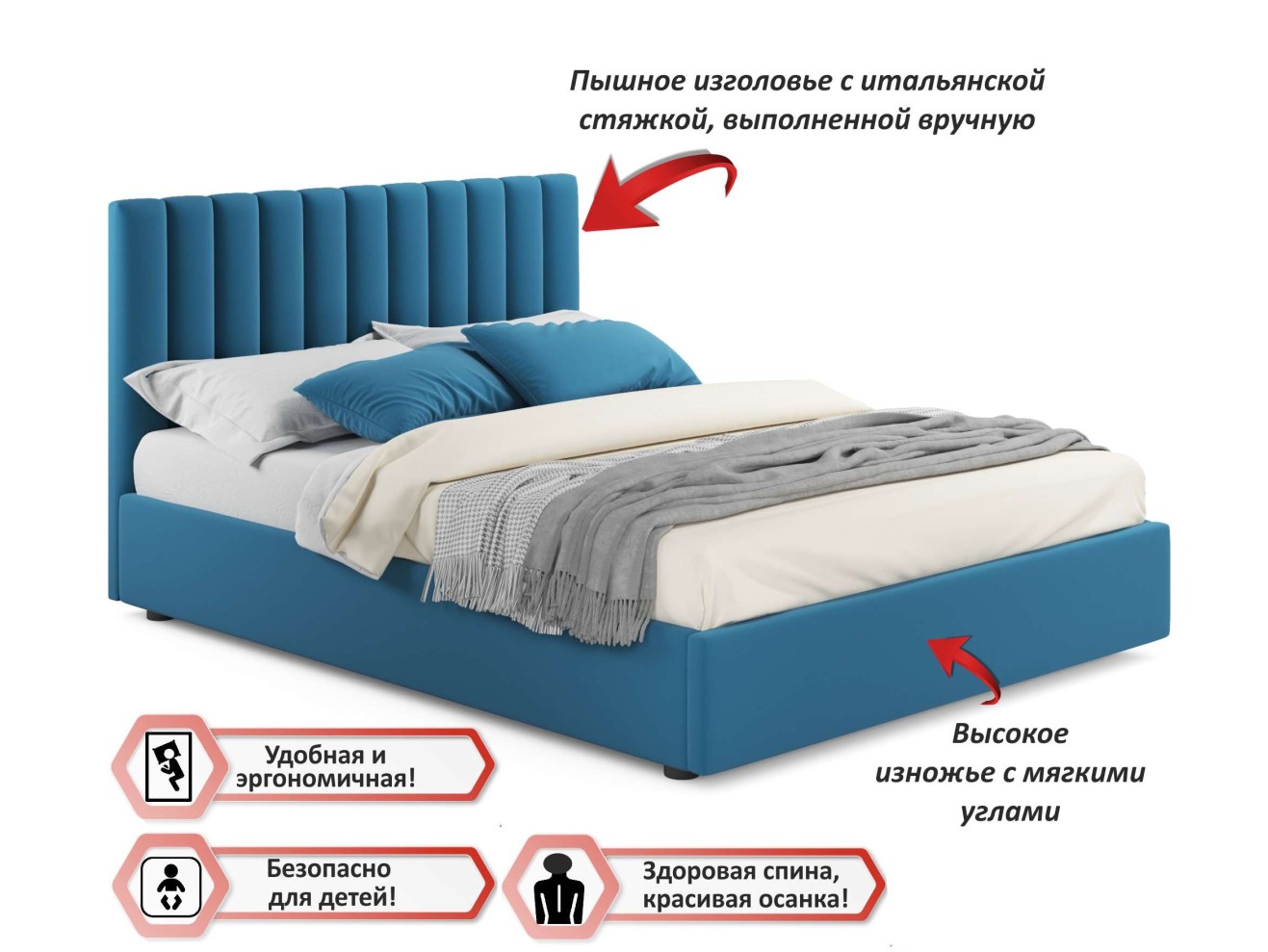Мягкая кровать Olivia 1800 синяя с ортопедическим основанием