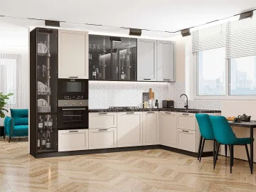 Кухонный гарнитур угловой Нео-04, МДФ/Стекло, 320×180 см, Серый шелк/Кремовый шелк