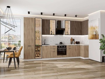 Кухонный гарнитур угловой Флэт-05, МДФ, 400×100 см, Коричневый дуб/Натуральный дуб