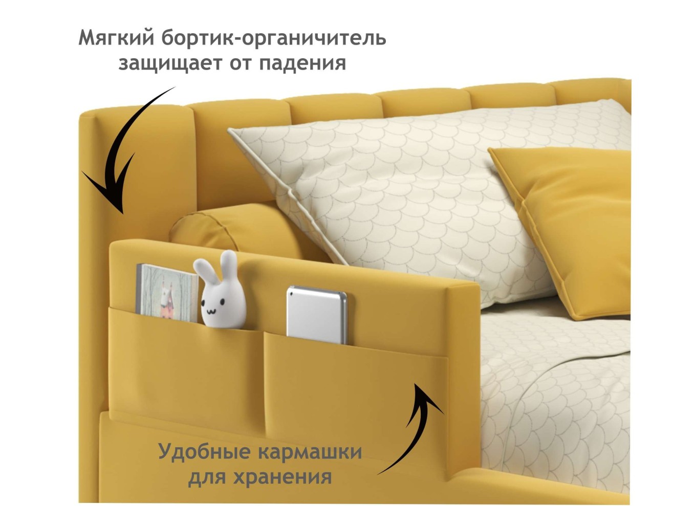 Мягкая кровать Milena с бортиком 900 желтая с подъемным механизмом