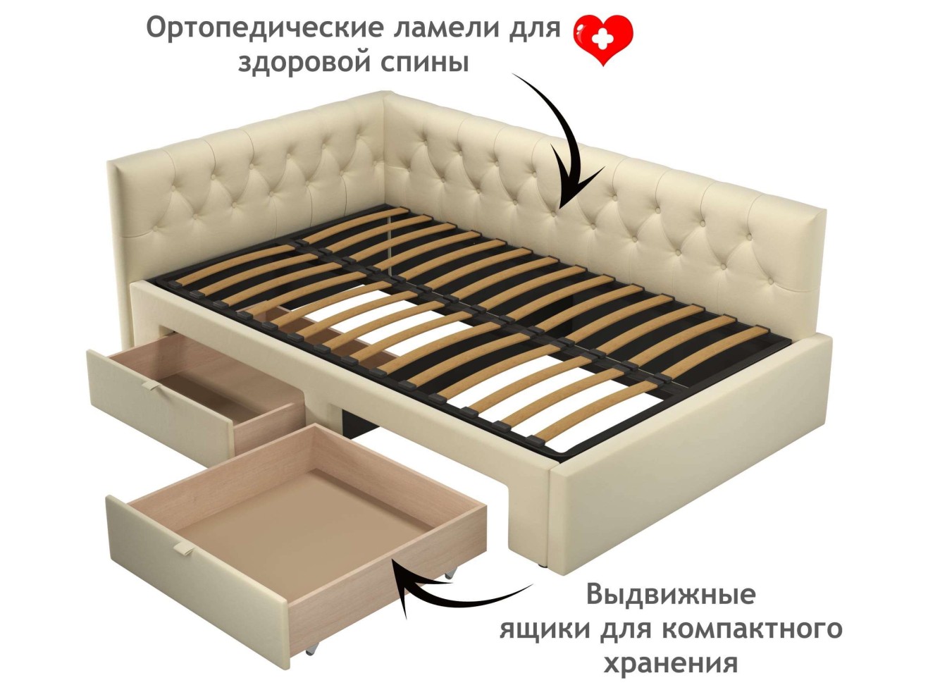 Мягкая кровать-тахта Afelia 1200 бежевая с ящиками арт. 1147029