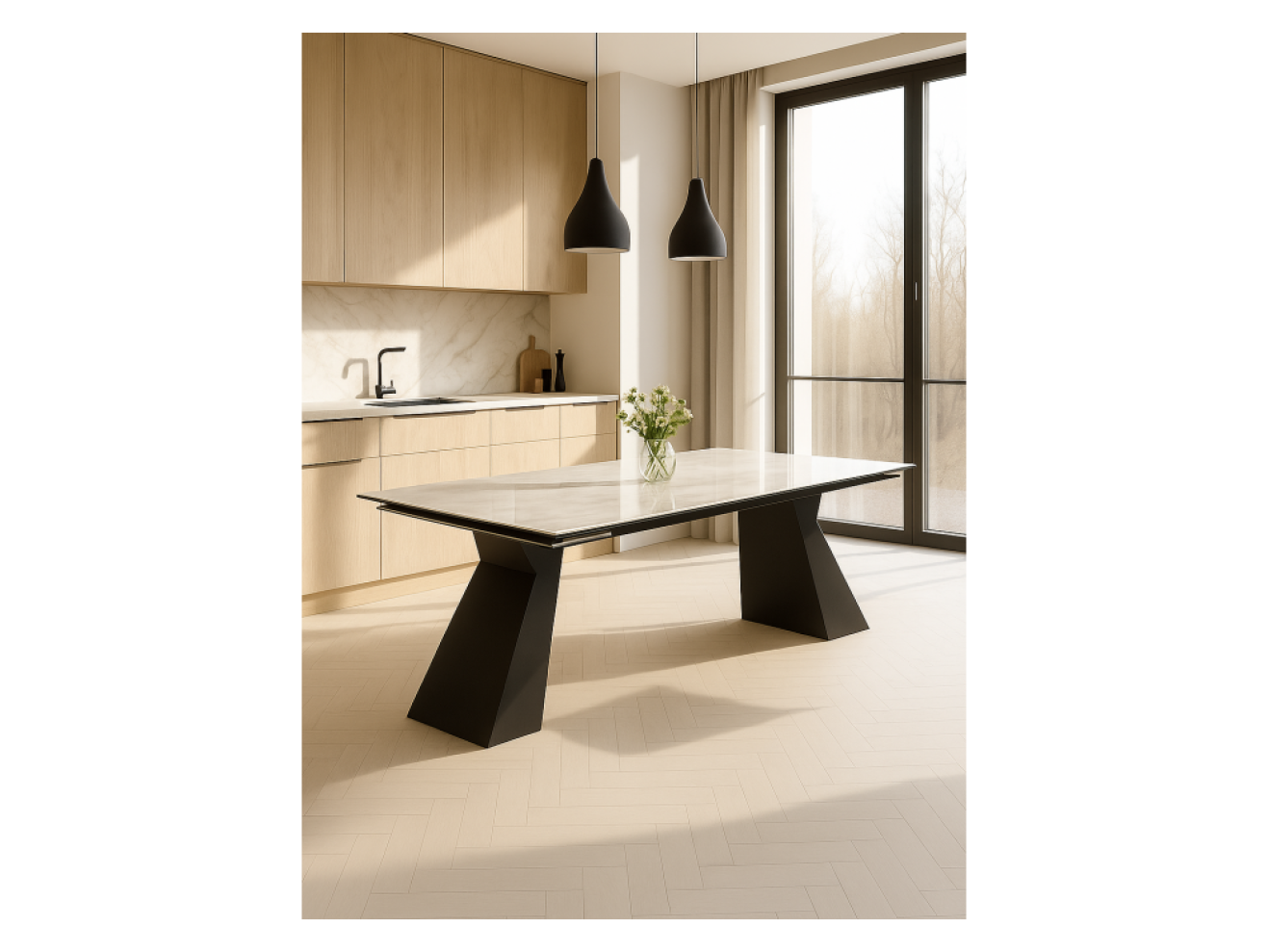Денхольм 240(290)х100х75 rystal onyx bianco / черный Керамический стол