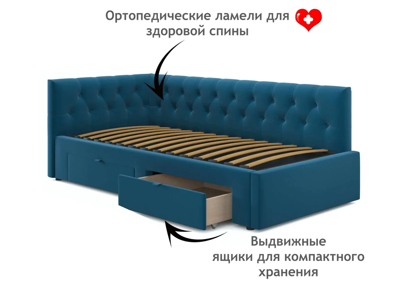 Односпальная кровать-тахта Afelia с ящиками 900 синяя с ортопедическим основанием арт. 1186697