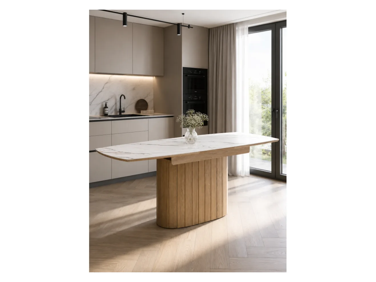 Люмен 140(180)х80 белый с прожилками gilt white / дуб американский Керамический стол арт. 1539757