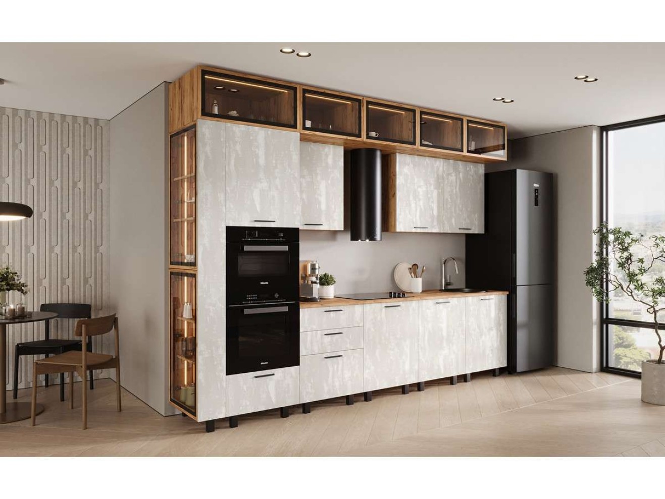 Кухня Рио NEW (металл) 3,2/1080м (490), компоновка №7, Крафт золотой/Шелковый камень арт. 1579829