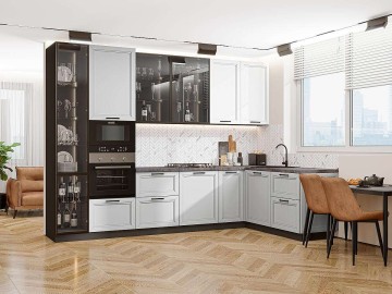 Кухонный гарнитур угловой Нео-04, МДФ/Стекло, 320×180 см, Белый шелк/Серый шелк