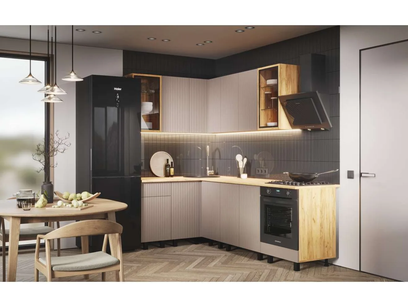 Угловая кухня Оливия NEW 1,4х2,4м, Крафт золотой/Холст латте арт. 1342585