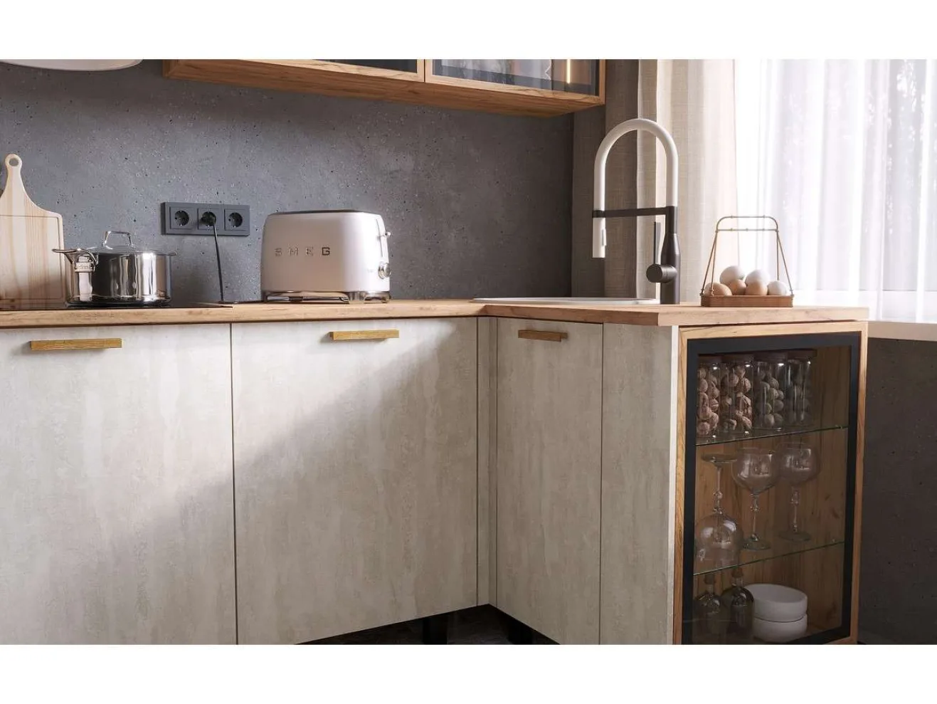 Кухня Рио NEW (дерево) 3,8х1,2/1080м (490), компоновка №7, Крафт золотой/Шелковый камень арт. 1579833