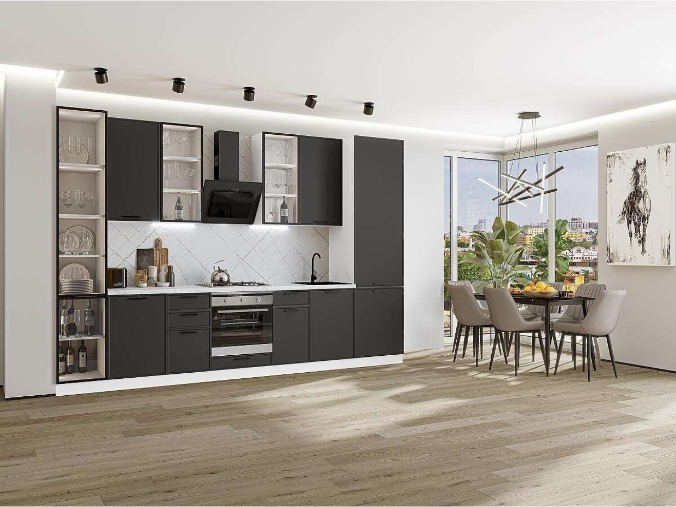 Кухонный гарнитур Фрейм-06, МДФ, 340 см, Штормовой шелк арт. 1588593