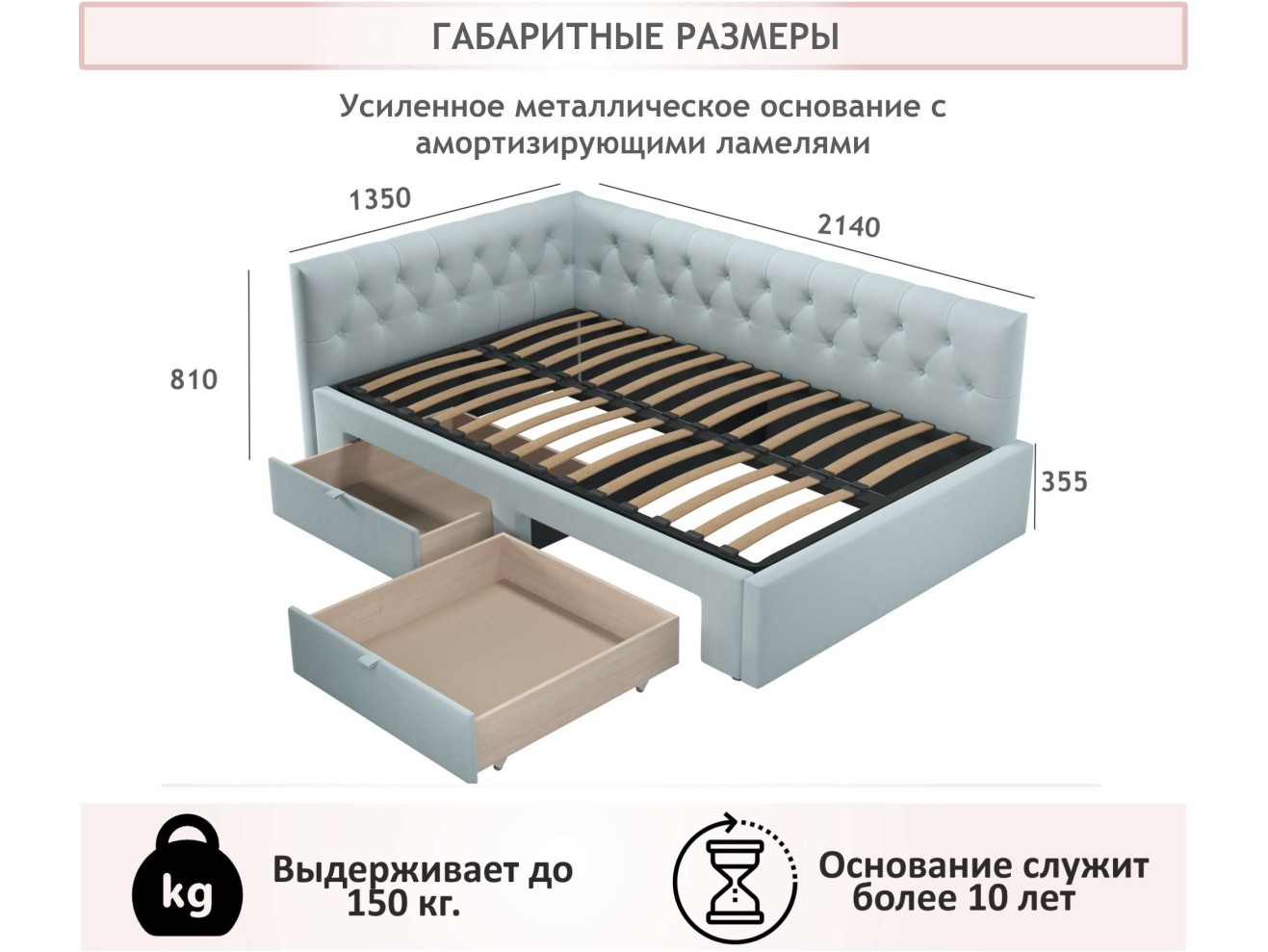 Мягкая кровать-тахта Afelia 1200 мята пастель с ящиками