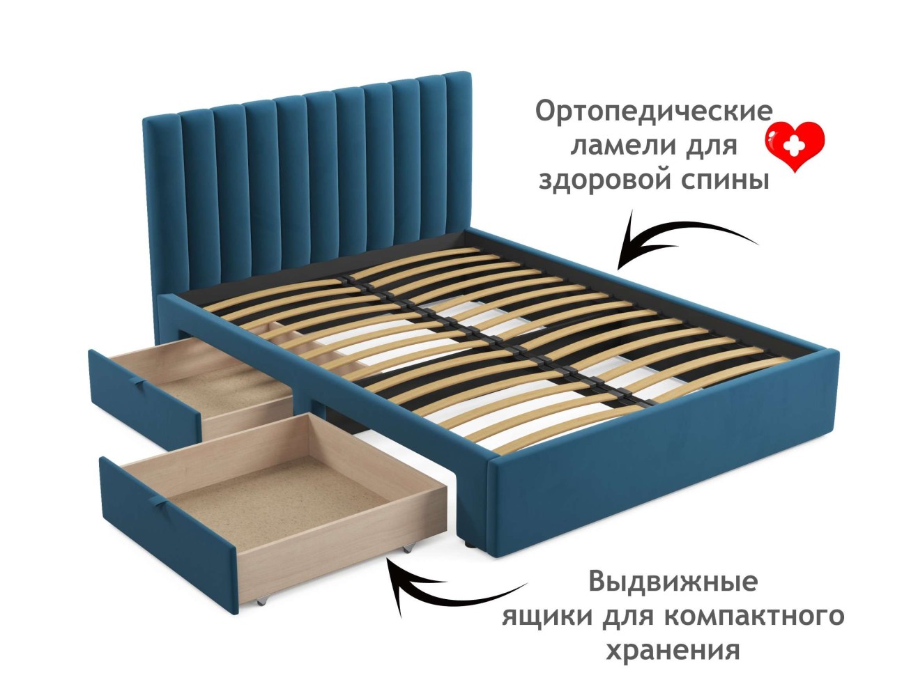 Мягкая кровать Olivia 1600 синяя с ящиками