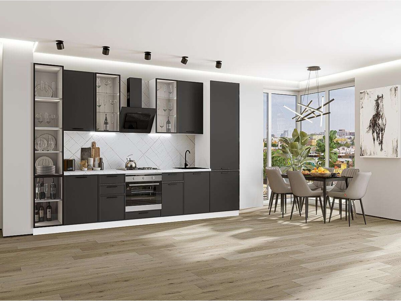 Кухонный гарнитур Фрейм-06, МДФ, 340 см, Штормовой шелк арт. 1588755