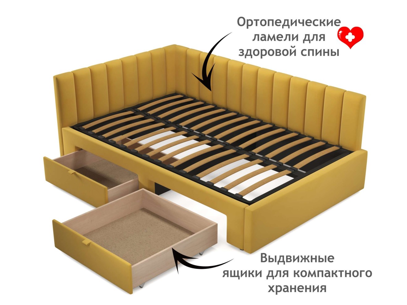Мягкая кровать-тахта Milena 1200 желтая c ящиками